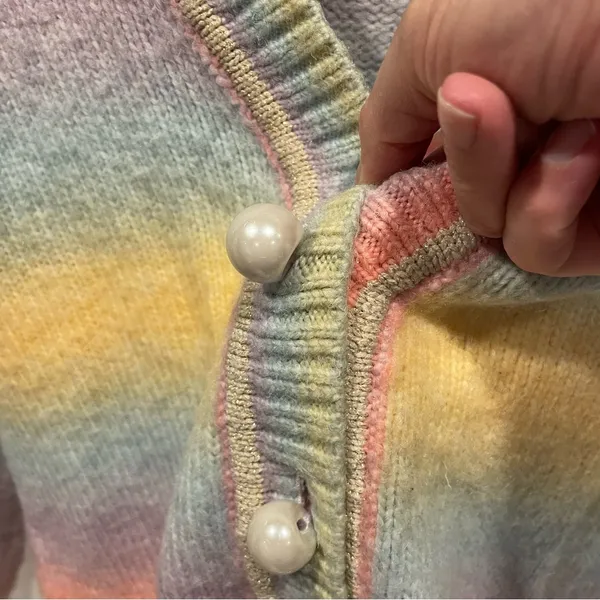 Rainbow stripe soft fuzzy wool blend chunky pearl button cardigan crop sweater - Image 9