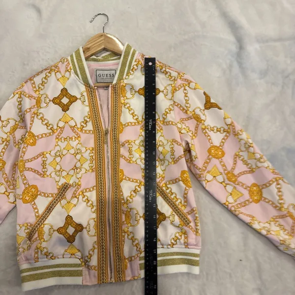 Vintage Guess Italian Maximalist Baroque Bomber Jacket Sz M Gold Chain Pink Zip - Image 9