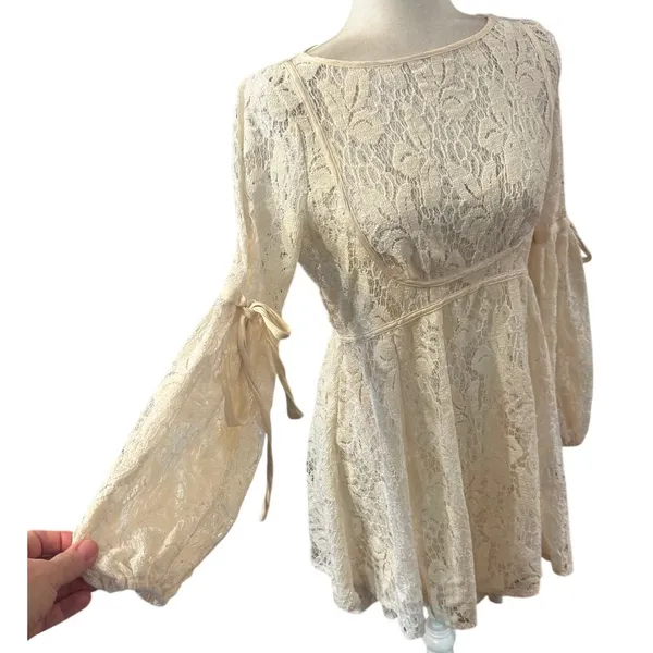 Free People Ruby Lace Mini Dress Cream Boho Bell Sleeve Slip Dress XS - Image 2