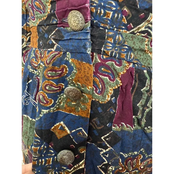 Women's Vintage Funky Retro Long-sleeved Patchwork Print Button Artsy Dress 6P - Image 3