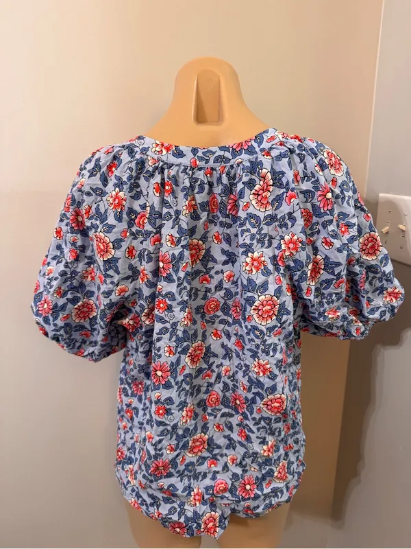 Loft Peasant Floral Top Tie Blouse Medium Blue Pink - Image 4