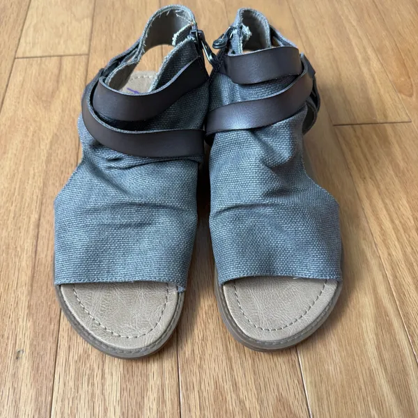 Blowfish‎ Malibu 8 Gray Sandals Canvas Ruched Strappy Zip Boho Flat - Image 2