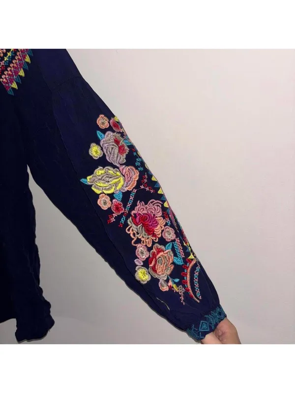 Solitaire Blue V Neck Boho Floral Embroidered Long Sleeve Blouse Tunic - Image 4