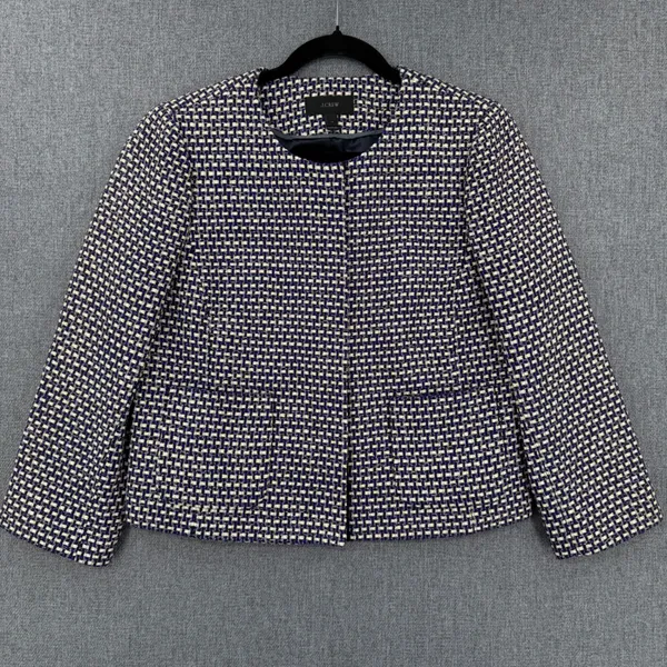 J.Crew Navy White Metallic Tweed Silk Blend Blazer Jacket Size 12 Preppy Twee - Image 2