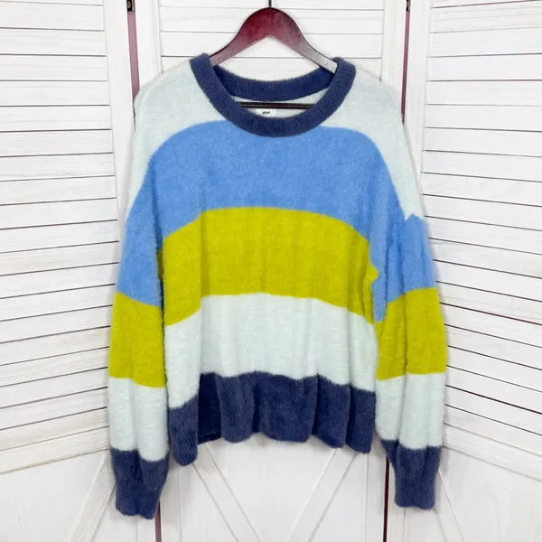 Aerie Flurry Rugby Stripes Fuzzy Oversized Crew Neck Sweater Blue Green Medium‎ - Image 10