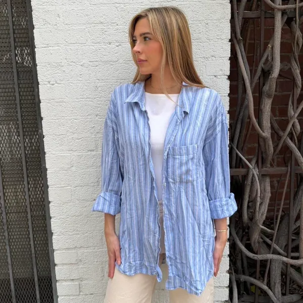 Aritzia Wilfred Free blue linen striped button up shirt Size 3 / XL - Image 2