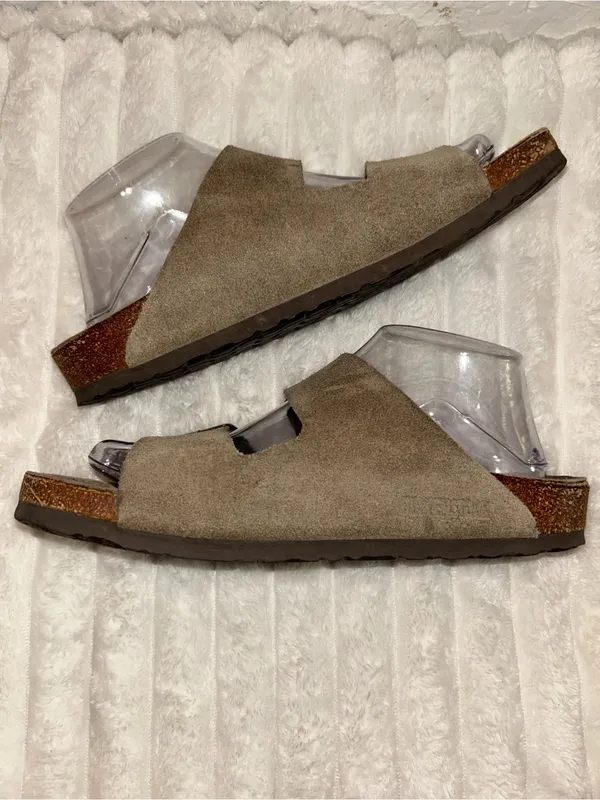 Birkenstock Taupe Suede Two-Strap Sandals with Gold Buckles - Image 5