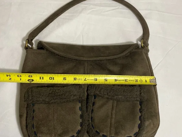 Vintage Brown Faux Suede Shearling Trim Handbag Boho Hobo Shoulder Bag Purse - Image 2