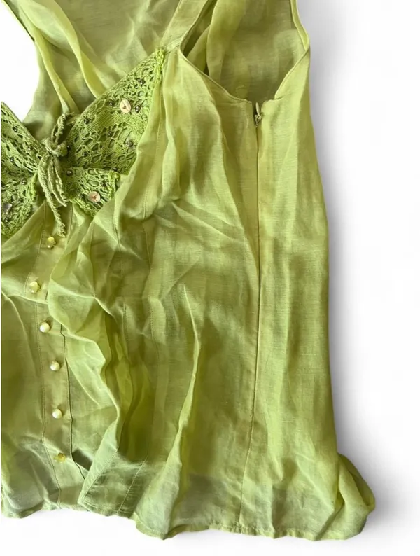 Y2K lime green top with butterfly sequin lace detail and button front - Image 5