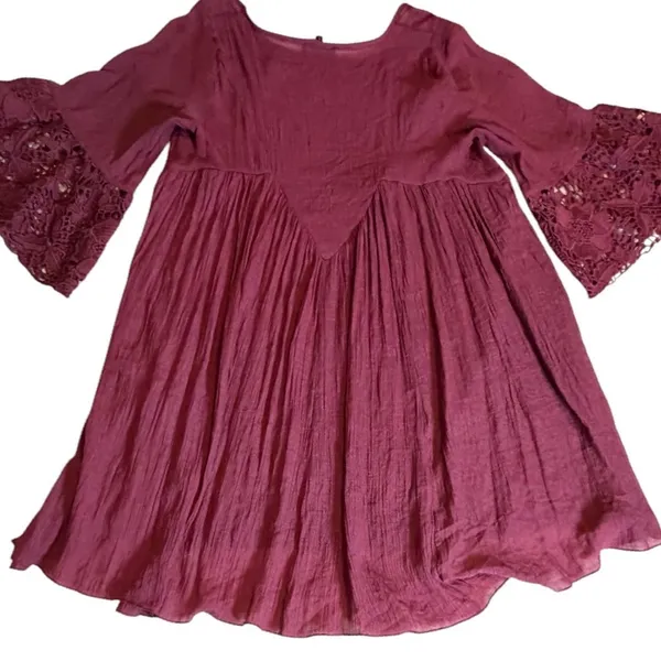 Frazzle Burgundy Lace Crochet Bell Sleeve Boho Mini Tunic Dress Large Wine Red - Image 13