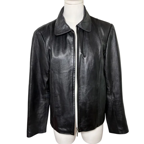 Adler Collection Black Genuine Leather Jacket Zip Front Collared Minimalist M - Image 3