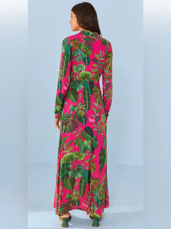 Farm Rio Boho Tropical Print Long Sleeve Maxi Dress in Fuchsia Size Small - Image 2