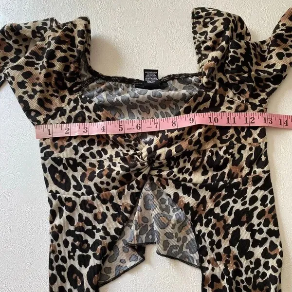 Just Polly Leopard Print Tie Front Top Size S Y2K Long Sleeve Mesh - Image 5