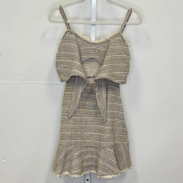 Storia Multi Color Tweed Tie Front Cutout Mini Dress Small SD1649 Sequins Fringe - Image 3