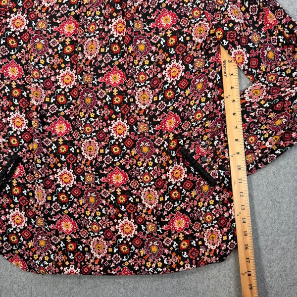 LOFT Women's Medium Black Red Pom Pom Trim Long Sleeve Blouse Top Keyhole - Image 8