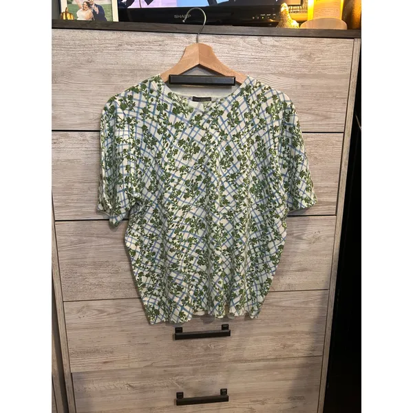 Vince Camuto Womens Green Floral Blue Lattice Short Sleeve Knit Sweater XL NWT - Image 3