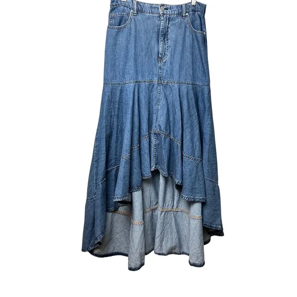 Risen Jeans Blue Denim High Low Tiered Ruffle Maxi Skirt RDS6280 Large‎ - Image 3