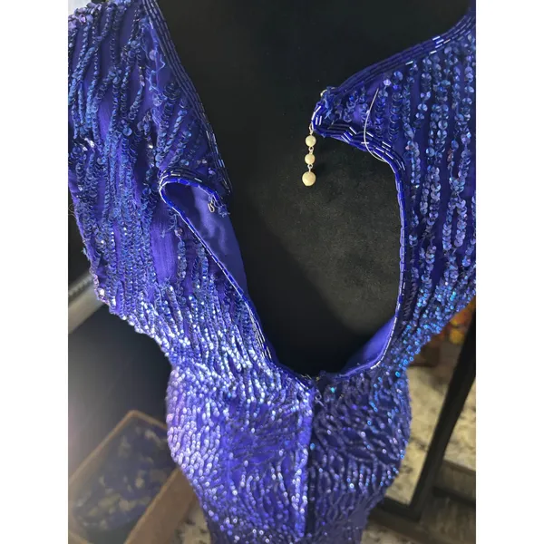 Vintage Blue Sequin‎ Cocktail dress V-Neck Keyhole Back Fringe Hem Sleeveless - Image 9
