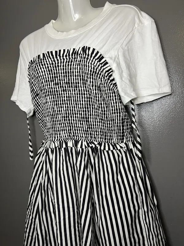 Maeve Anthropologie Dress Womens Petite Medium Black White Striped Smocked Midi - Image 5
