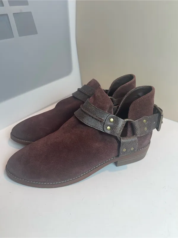 Free People Belle Harness Boots Brown Suede Leather Ankle Booties Buckle Size 8 - Image 4