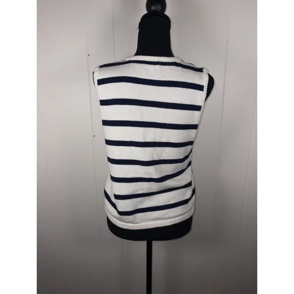 J Crew Sweater Vest Womens M Blue White Striped Button Front Nautical Preppy‎ - Image 2