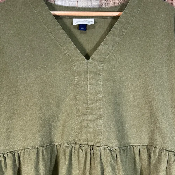 Universal Threads Olive Green Linen Blend V-Neck Babydoll Mini Dress Pockets L - Image 4