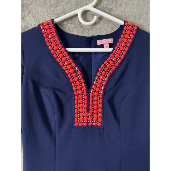 Lilly Pulitzer Bennett Dress Navy Blue‎ Pink Beaded Trim Shift Classic Preppy 2 - Image 2