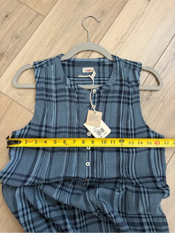Faherty Isha Plaid Pintuck Organic Cotton Sleeveless Mini Dress Navy Blue NWT XS - Image 8