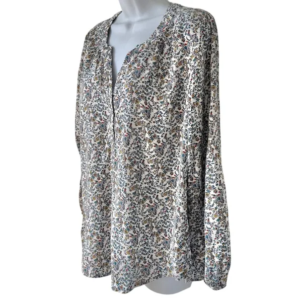 Old Navy Cream Yellow Blue Floral Split-Neck Button Long Sleeve Blouse Size M - Image 9
