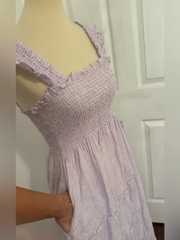 Hill House Home Lavender Stripe Linen Ellie Nap Dress Midi Smocked Preppy Med - Image 5