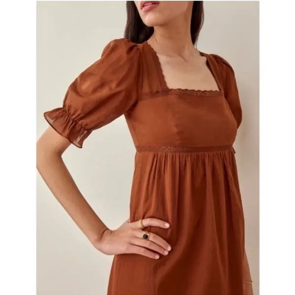 Reformation Bekkah Crocheted Lace Trim Organic Cotton Midi Dress in Cinnamon XS - Image 4