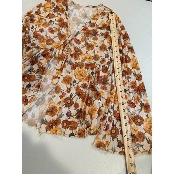 Floral Mesh Top XL Fairy Festival Bell Sleeve Stretch 70s Sunflower Cottage Boho - Image 6