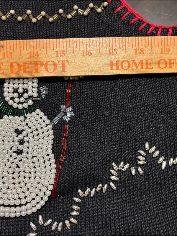Victoria Jones Medium Beaded Black Holiday Vest with Red Trim Snowman Snowflakes - Image 7