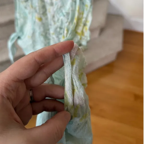 Free People Light Blue & Green Leaf Print Gauze Tie Waist Button Down Shirt - Image 3