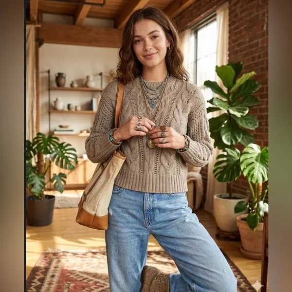 Abercrombie & fitch Textural Stitch Cable Crew Sweater size XS in light brown - Image 2