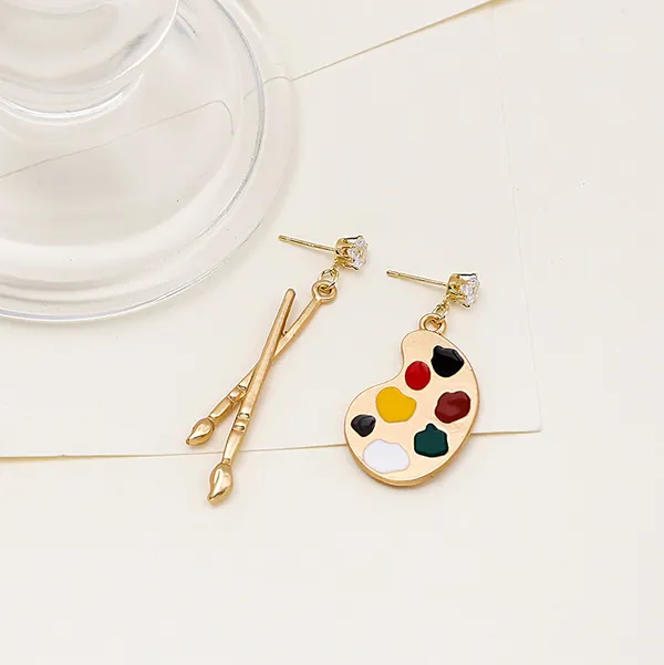 Asymmetrical Artist Earrings- Gold Art Palette Painter Paint Brush Jewelry Gift - Image 3