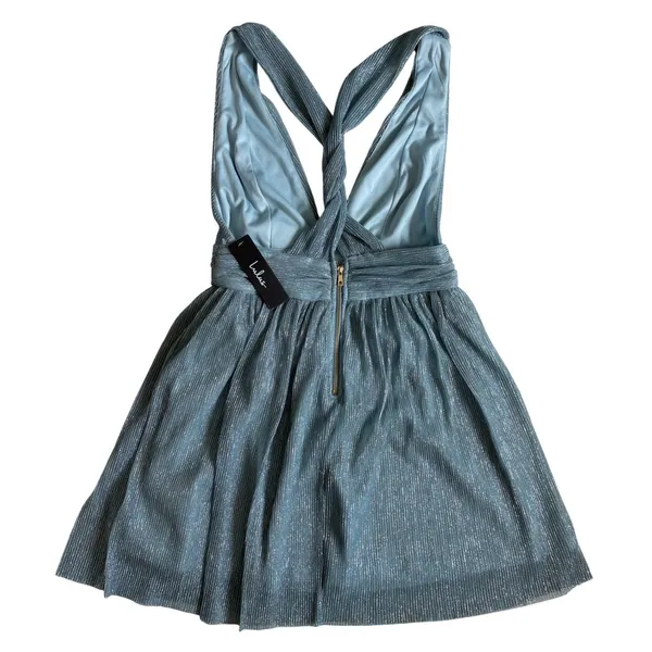 Lulus Light Blue Metallic Pleated Mini Dress V-Neck Open Back‎ 17D1756 Womens S - Image 5