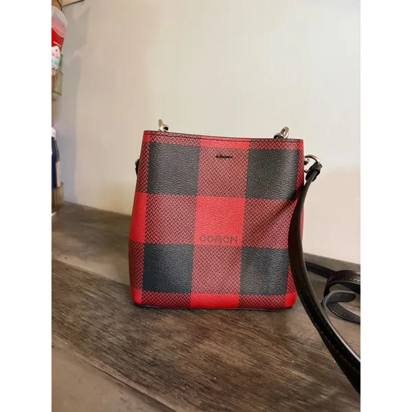 Coach Mini Town Bucket Bag Buffalo Plaid Red Black Crossbody C1548 - Image 5