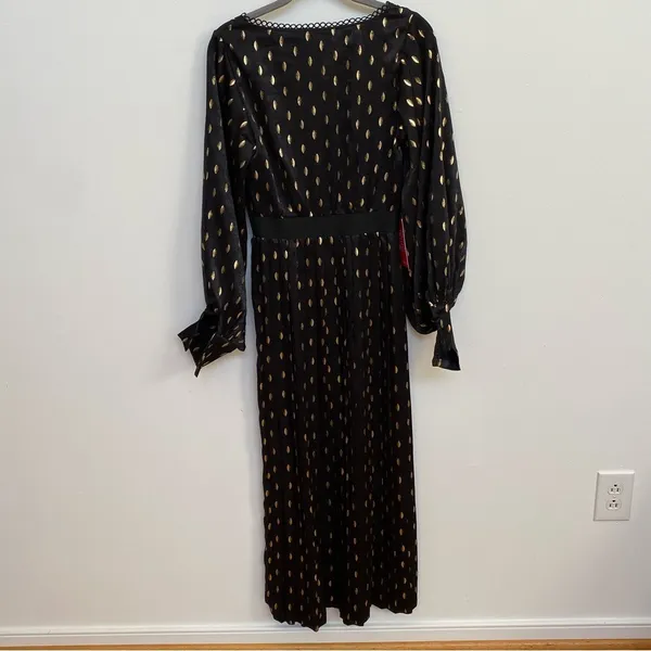 Little‎ Mistress Black & Gold Foil Leaf Pleated Maxi Dress UK 8 US 4 NWT - Image 10