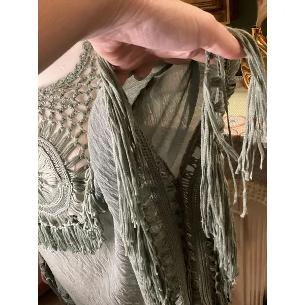 Easel Sage Green Crochet Fringe Poncho Gauze Top Small - Image 7