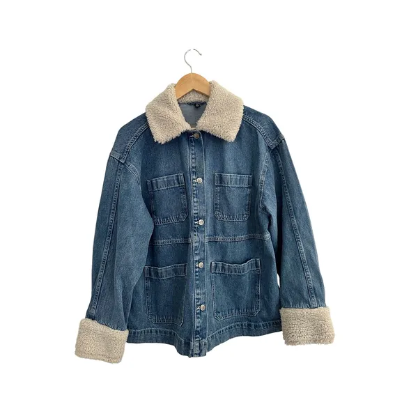 H&M Divided Borg Collared Denim Chore Jacket Small Oversized Trucker 100% Cotton - Image 2