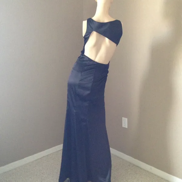 Faviana Black Satin Long Evening Dress Back & Side Cutout Rhinestone Strap Sz 2 - Image 2