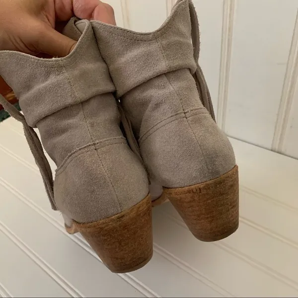 Joie Taupe Suede Fringe Western Ankle Boots Stacked Wood Block Heel 'Keaton' - Image 9