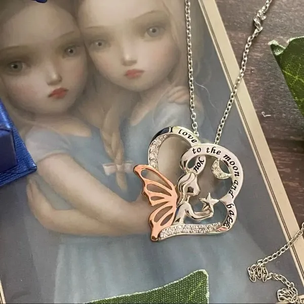 “I Love You To The Moon & Back” Sterling Silver Two-Tone CZ Fairy Girl Necklace - Image 3