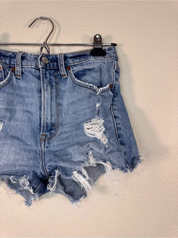 Abercrombie & Fitch Blue High Rise Mom Jeans Shorts Womens 0 Festival Distressed - Image 7