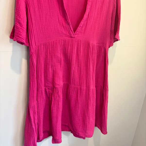 By Anthropologie Pink Gauze Cotton Short Sleeve Tiered Mini Dress - size Small - Image 3