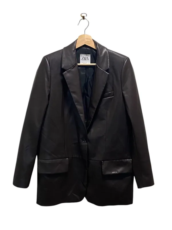Zara Faux Leather One Button Classic Blazer Brown Size S Minimalist Fall Preppy - Image 2