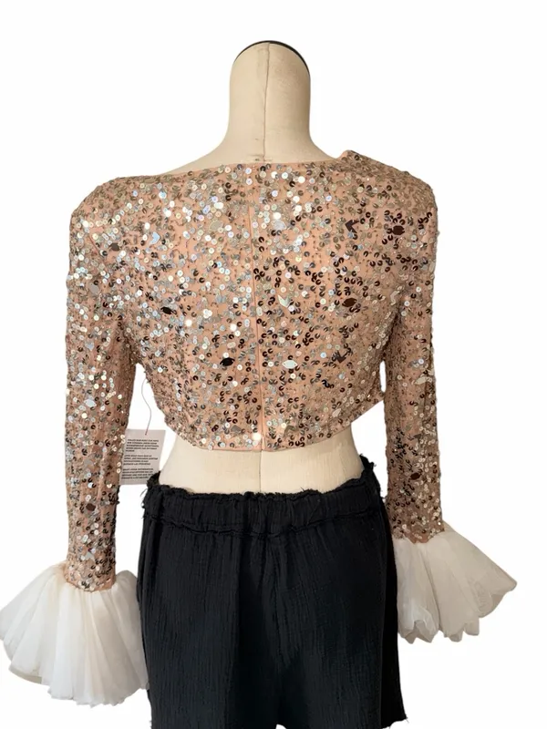 NWT ASOS Gold Sequin Crop Top Corset Blouse Ruffle Tulle Cuff Sleeve Party - Image 3