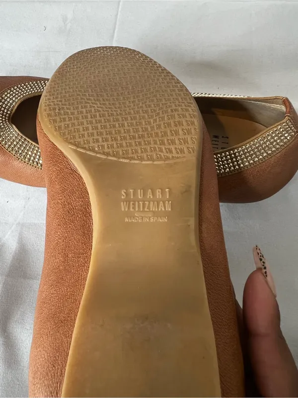 Stuart Weitzman Tan Brown Leather Ballet Flats with Crystal Trim Size 8.5 - Image 4