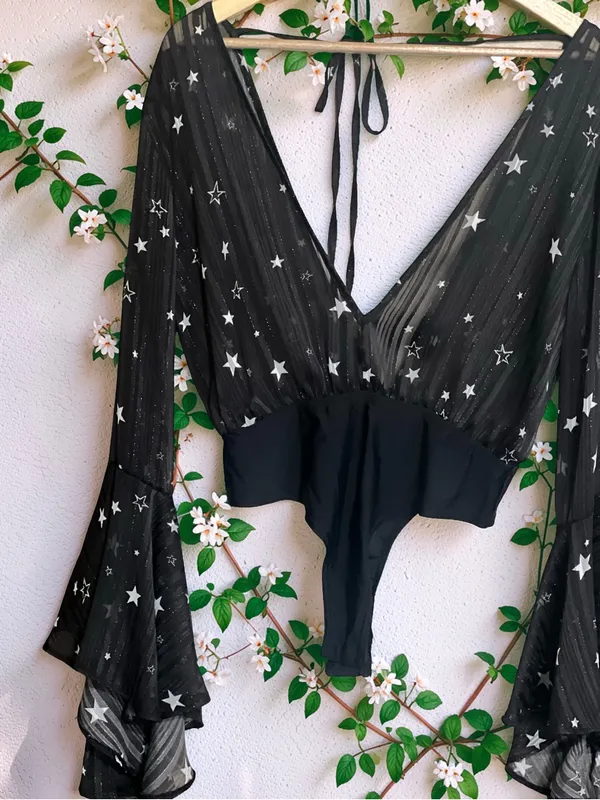 Nasty Gal Black Star Print Sheer Bell Sleeve Bodysuit Size 6 - Image 8